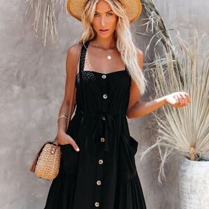 VICI Grapevine Linen Blend Pocketed Maxi Dress - Black